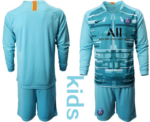 Paris Saint Germain Blank Light Blue Goalkeeper Long Sleeves Kid Soccer Club Jersey